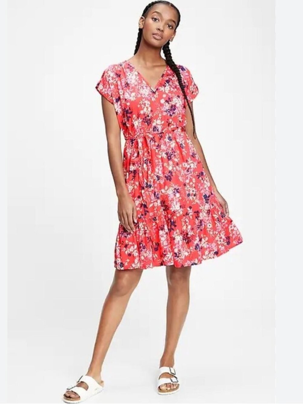 Gap Red Floral V-Neck Short Sleeve Mini Summer  Dress Cotton S